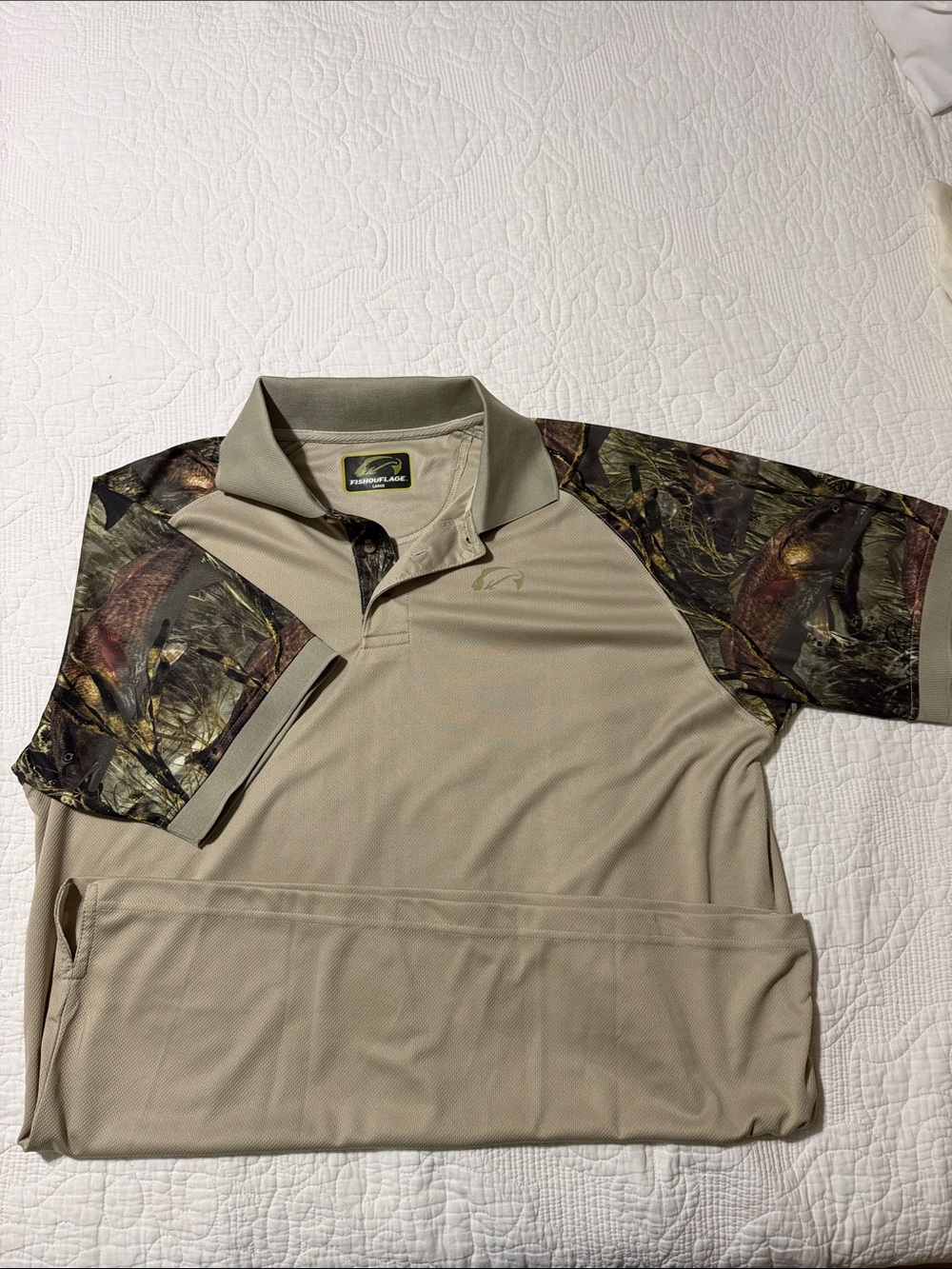 Fishouflage Khaki Polo with Camo Redfish Sleeves - Men